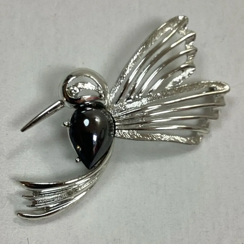 Vtg Judy Lee Hummingbird Brooch Silver Tone Black Polished Stone Bird Pin Signed